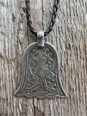 Antique Silver Bell Pendant on Braided Leather Cord